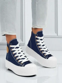 Trampki^Royalfashion Adelina Capri Granatowe Trampki Damskie na Płaskiej Platformie 4,5cm Granatowy