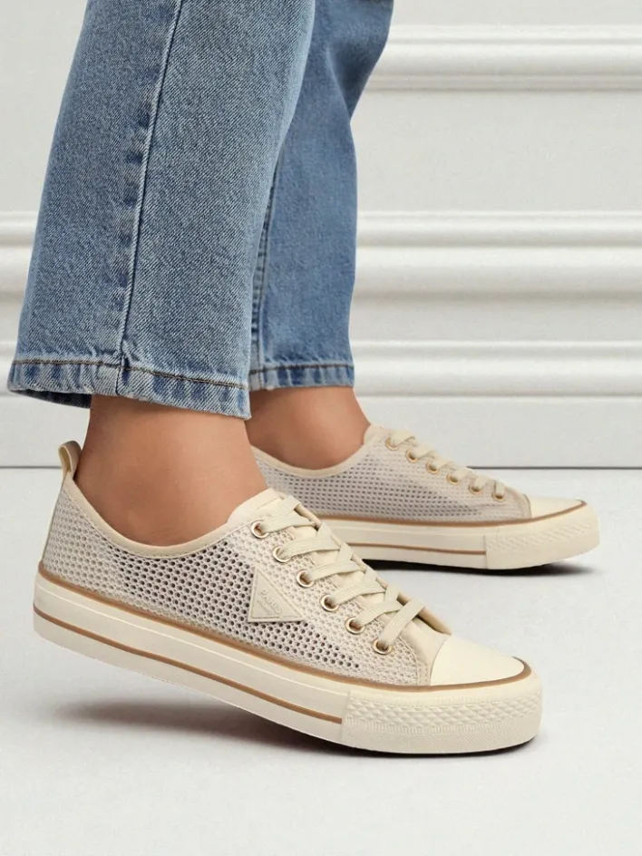 Trampki^Royalfashion Aurelia Beige - damskie tenisówki tkaninowe na płaskiej podeszwie 3 cm beżowy