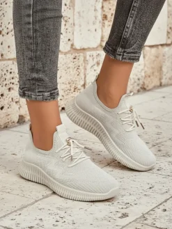 Ugc|Sportowe^Royalfashion Aurelia Beige – Beżowe tenisówki damskie tkanina sznurowane beżowy