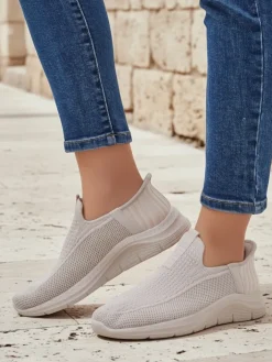 Ugc|Bieganie, Ćwiczenia I Trening^Royalfashion Aurelia Comfort Beżowe Slip On Damskie Buty z Tkaniny Na Płaskim Obcasie beżowy
