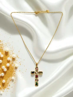Biżuteria^Royalfashion Aurelia Lux Kolorowy Krzyż Złoty Naszyjnik Glamour z Kamieniami