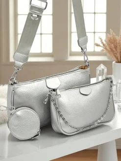 Małe Torebki^Royalfashion Aurelia Multi Silver – Torebka damska 3w1 z eko skóry z okrągłą saszetką srebrny