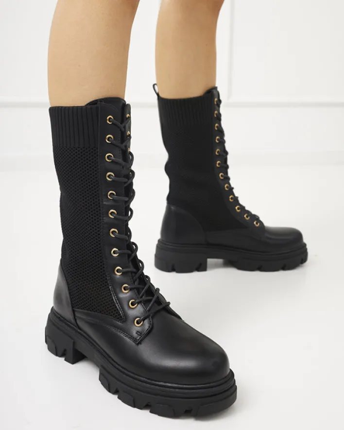 Workery|Botki Bez Ocieplenia^Royalfashion Ażurowe czarne damskie botki sznurowane Buhomi - Obuwie czarny