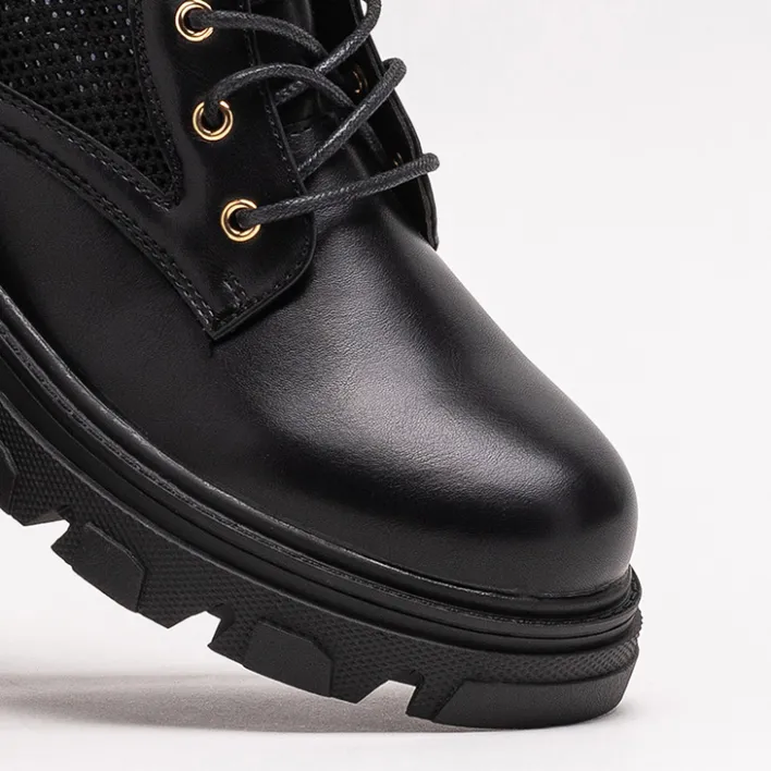 Workery|Botki Bez Ocieplenia^Royalfashion Ażurowe czarne damskie botki sznurowane Buhomi - Obuwie czarny