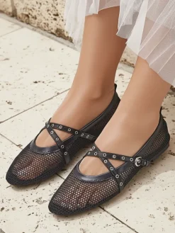 Baleriny Klasyczne^Royalfashion Baleriny Arethusa Nero z siateczki na płaskim obcasie czarny