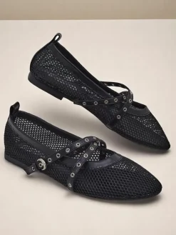 Baleriny Klasyczne^Royalfashion Baleriny Arethusa Nero z siateczki na płaskim obcasie czarny