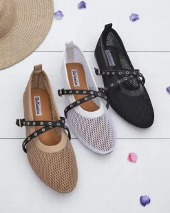 Baleriny Klasyczne^Royalfashion Baleriny Calista Bianca – siateczkowe białe buty damskie z czarnymi paskami biały