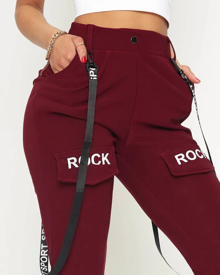 Spodnie Cargo|Spodnie Dresowe^Royalfashion Bordowe damskie materiałowe spodnie typu bojówki z szelkami - Odzież Bordowy