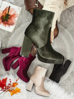 Botki Z Delikatnym Ociepleniem|Botki Na Słupku^Royalfashion Botki damskie na słupku al'la Welur Miss zielony