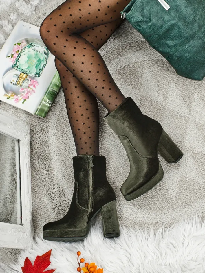 Botki Z Delikatnym Ociepleniem|Botki Na Słupku^Royalfashion Botki damskie na słupku al'la Welur Miss zielony