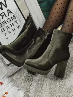Botki Z Delikatnym Ociepleniem|Botki Na Słupku^Royalfashion Botki damskie na słupku al'la Welur Miss zielony
