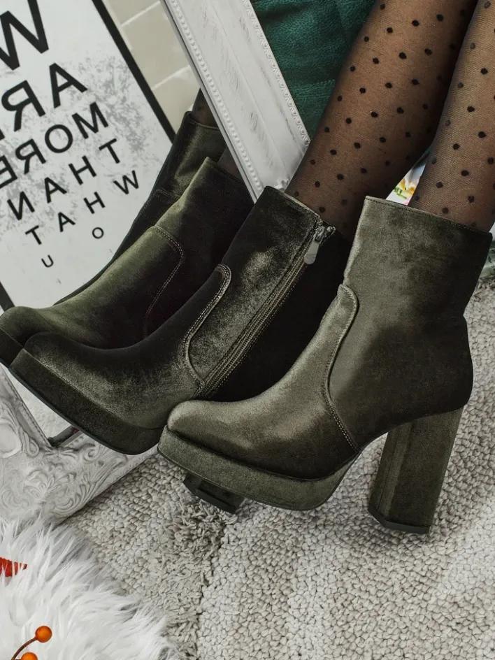 Botki Z Delikatnym Ociepleniem|Botki Na Słupku^Royalfashion Botki damskie na słupku al'la Welur Miss zielony