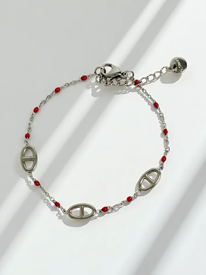 Biżuteria^Royalfashion Bransoletka Callista Argento – srebro 925 z czerwonymi koralikami i motywem greckim