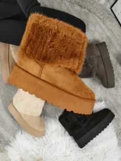 Śniegowce|Botki Na Platformie^Royalfashion Buty a'la śniegowce damskie z futerkiem Irelle Camel