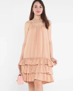 Sukienki Krótkie^Royalfashion Camelowa damska sukienka na ramiączkach z falbankami - Odzież jasny brązowy