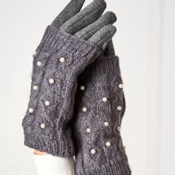 Rękawiczki^Royalfashion Ciemnoszare damskie rękawiczki mitenki z perełkami - Akcesoria Ciemnoszary