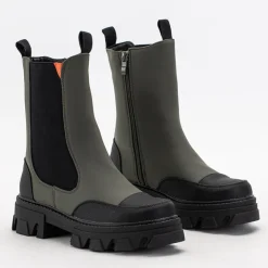 Botki Z Delikatnym Ociepleniem|Botki Na Płaskim Obcasie^Royalfashion Ciemnozielone damskie botki na masywnej podeszwie Rosidi - Obuwie zielony