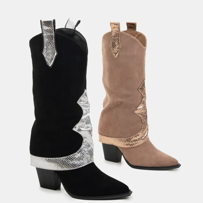 Kozaki Bez Ocieplenia|Kozaki Do Połowy Łydki^Royalfashion Czarne kozaki z ozdobną wywijaną cholewką Acilip - Obuwie czarny