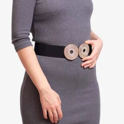 Paski^Royalfashion Czarny elastyczny pasek ze złotą klamrą z cyrkonami - Akcesoria