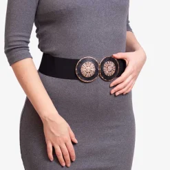 Paski^Royalfashion Czarny elastyczny szeroki pasek z ozdobną klamrą - Akcesoria