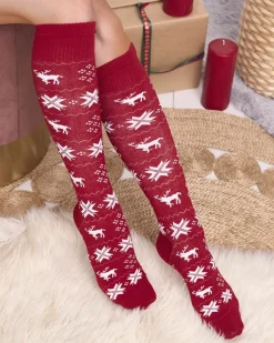 Skarpetki^Royalfashion Damskie bordowe długie świąteczne skarpety - Bielizna czerwony