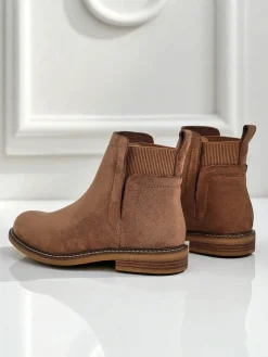 Botki Na Płaskim Obcasie|Sztyblety^Royalfashion Damskie botki a'la sztyblety z eko-zamszu Veysi jasny brązowy