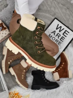 Trapery|Botki Z Delikatnym Ociepleniem^Royalfashion Damskie botki trapery z kożuszkiem Tessara zielony