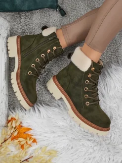 Trapery|Botki Z Delikatnym Ociepleniem^Royalfashion Damskie botki trapery z kożuszkiem Tessara zielony