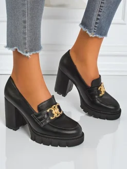 Półbuty|Mokasyny Na Obcasie^Royalfashion Damskie czółenka Nero Aurora na słupku ze złotą klamrą, skóra eko czarny