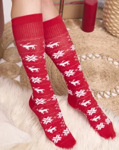 Skarpetki^Royalfashion Damskie czerwone długie świąteczne skarpety - Bielizna czerwony