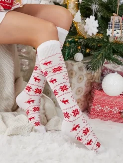 Skarpetki^Royalfashion Damskie Długie świąteczne skarpety biały