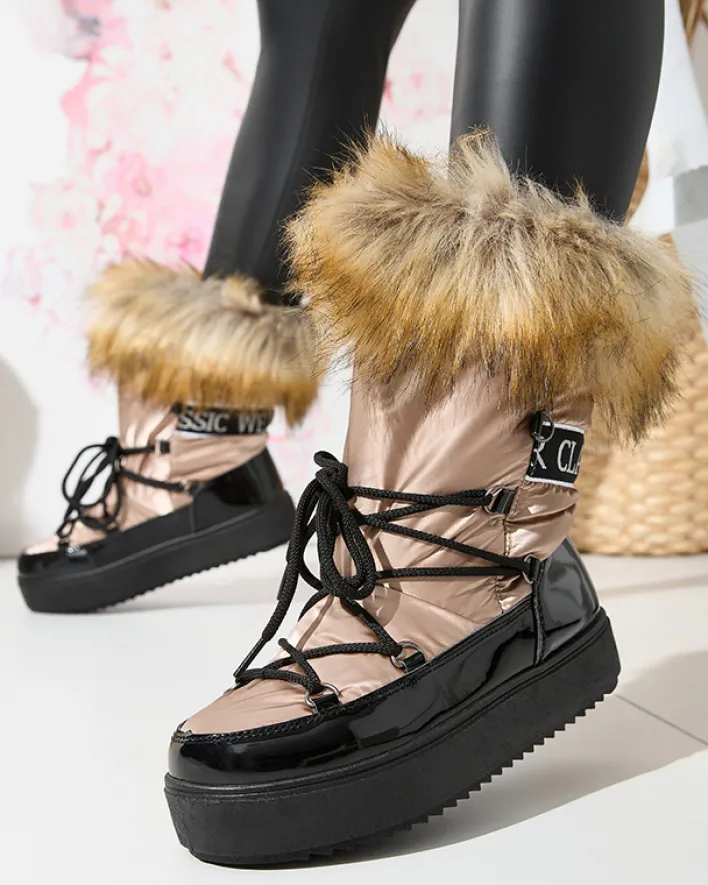 Śniegowce^Royalfashion Damskie lakierowane buty a'la śniegowce w złoto- różowym kolorze Fursav- Obuwie złoty