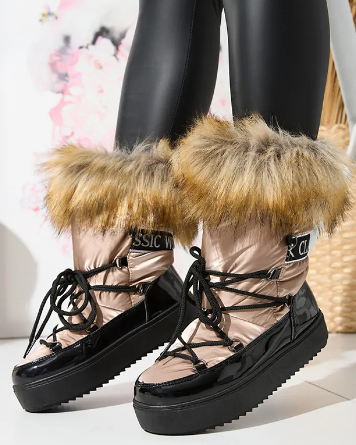 Śniegowce^Royalfashion Damskie lakierowane buty a'la śniegowce w złoto- różowym kolorze Fursav- Obuwie złoty