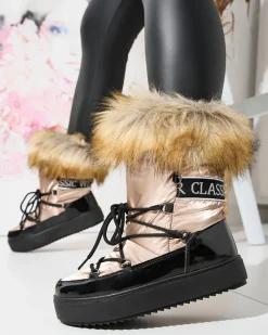 Śniegowce^Royalfashion Damskie lakierowane buty a'la śniegowce w złoto- różowym kolorze Fursav- Obuwie złoty