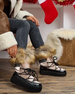 Śniegowce^Royalfashion Damskie lakierowane buty a'la śniegowce w złoto- różowym kolorze Fursav- Obuwie złoty