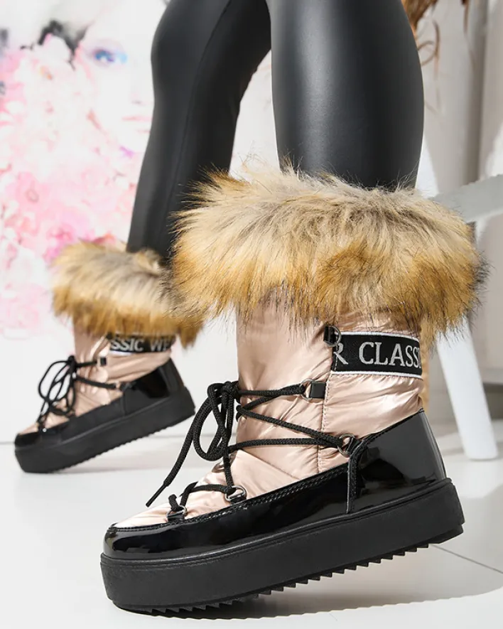 Śniegowce^Royalfashion Damskie lakierowane buty a'la śniegowce w złoto- różowym kolorze Fursav- Obuwie złoty