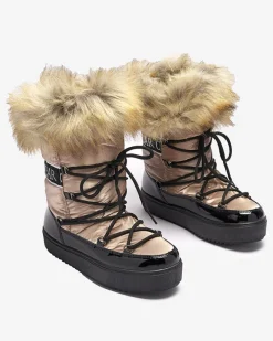 Śniegowce^Royalfashion Damskie lakierowane buty a'la śniegowce w złoto- różowym kolorze Fursav- Obuwie złoty