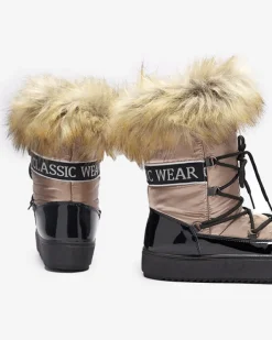 Śniegowce^Royalfashion Damskie lakierowane buty a'la śniegowce w złoto- różowym kolorze Fursav- Obuwie złoty