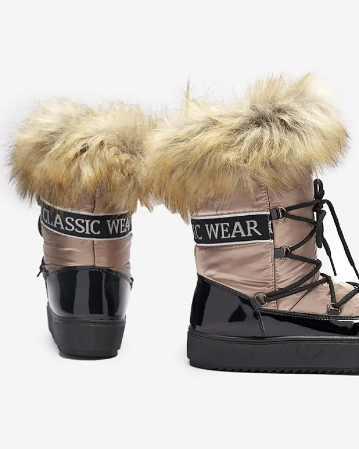 Śniegowce^Royalfashion Damskie lakierowane buty a'la śniegowce w złoto- różowym kolorze Fursav- Obuwie złoty