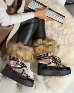 Śniegowce^Royalfashion Damskie lakierowane buty a'la śniegowce w złoto- różowym kolorze Fursav- Obuwie złoty