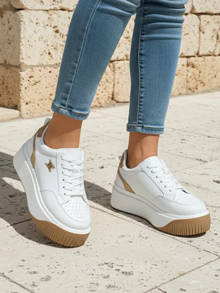 Ugc|Sneakersy^Royalfashion Damskie sneakersy Arianna Bianco na platformie ze skóry ekologicznej 5 cm biały