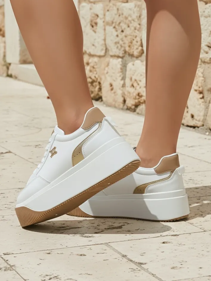 Ugc|Sneakersy^Royalfashion Damskie sneakersy Arianna Bianco na platformie ze skóry ekologicznej 5 cm biały