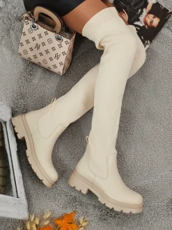 Kozaki Na Płaskim Obcasie|Kozaki Bez Ocieplenia^Royalfashion Długie damskie wsuwane kozaki Orlina krem