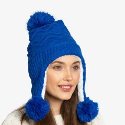 Czapki I Kapelusze^Royalfashion Kobaltowa damska ocieplana czapka z pomponami - Akcesoria kobaltowy