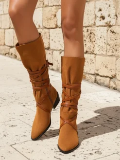 Kozaki Bez Ocieplenia^Royalfashion Kozaki damskie Lavinia skóra ekologiczna zamszowa styl włoski Camel