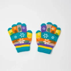 Rękawiczki^Royalfashion Niebieskie dziewczęce rękawiczki z brokatem i śnieżynkami - Akcesoria Ecru