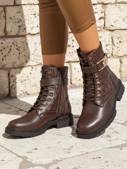 Botki Sznurowane|Botki Z Delikatnym Ociepleniem^Royalfashion Pikowane botki damskie z ekologicznej skóry Sable Rose brązowy