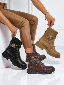 Botki Sznurowane|Botki Z Delikatnym Ociepleniem^Royalfashion Pikowane botki damskie z ekologicznej skóry Sable Rose brązowy