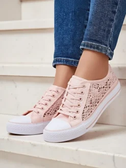 Ugc|Trampki^Royalfashion Różowe trampki damskie Tkanina Kalipso – ażurowe sneakersy na płaskiej podeszwie różowy