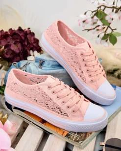 Ugc|Trampki^Royalfashion Różowe trampki damskie Tkanina Kalipso – ażurowe sneakersy na płaskiej podeszwie różowy